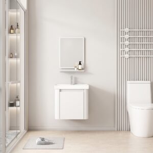Ensemble Meuble de Salle de Bain Compact Suspendu aux Bords Arrondis avec Miroir et Étagère - 50 cm (Blanc)