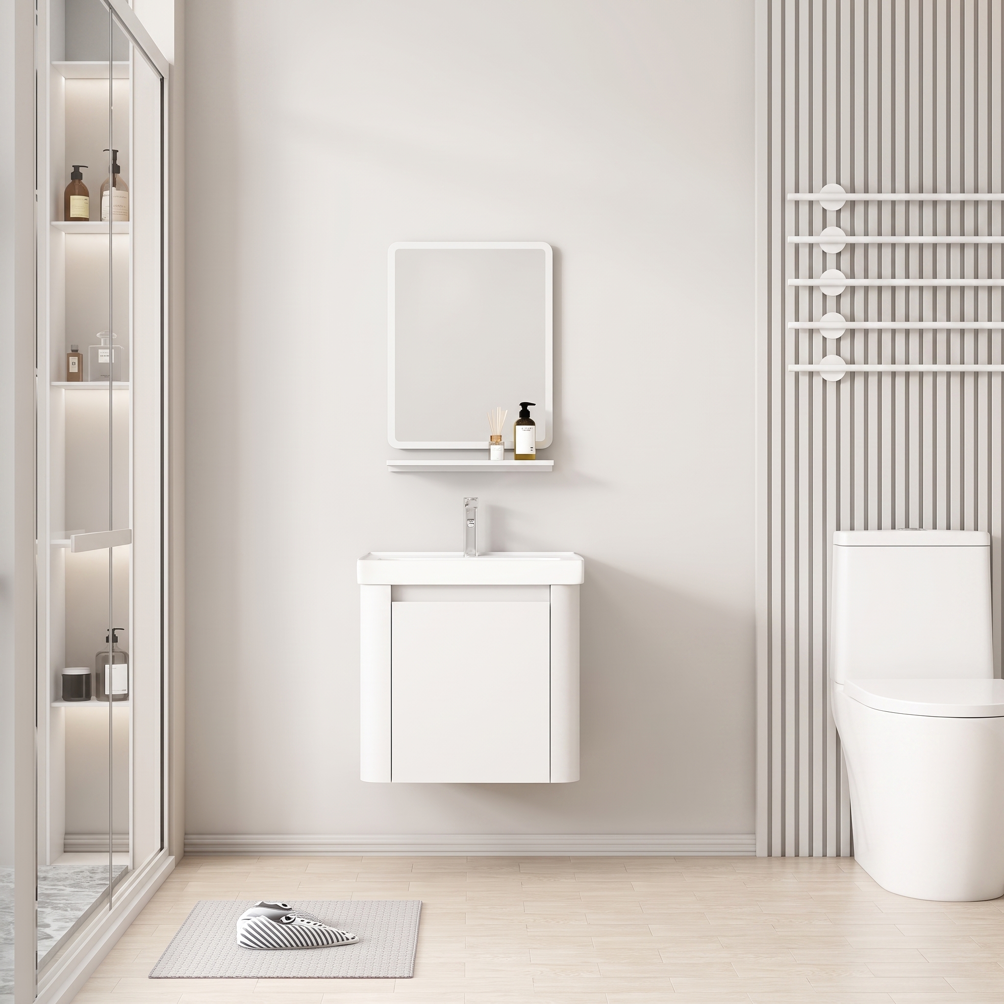 Pack Ensemble Meuble de Salle de Bain Ultra-Compact Suspendu aux Bords Arrondis avec Miroir et Étagère - 40 cm (Blanc)