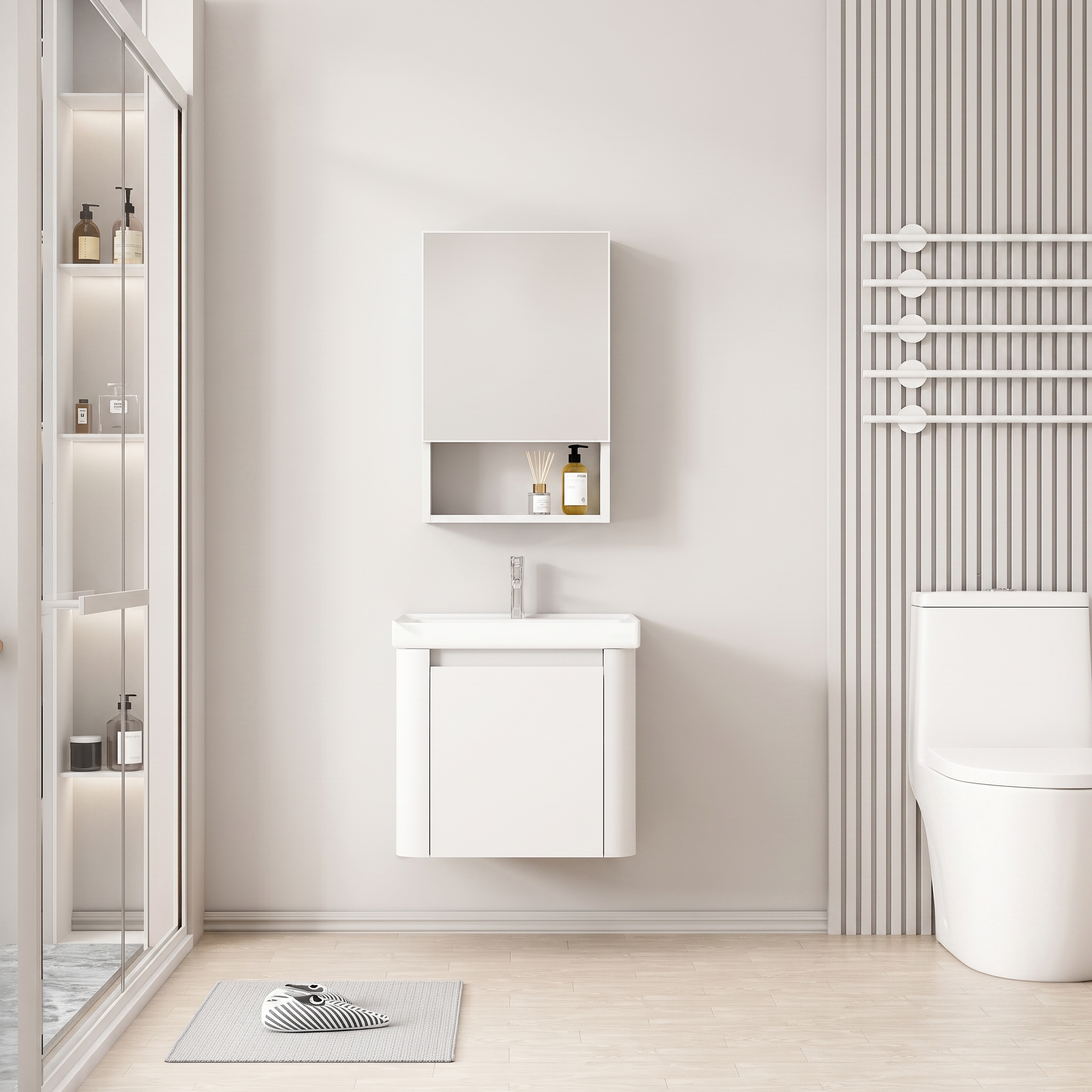Pack Ensemble Meuble de Salle de Bain Lave-Mains Suspendu aux Bords Arrondis avec Armoire de Toilette et Niche - 40 cm (Blanc)