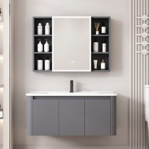 Ensemble Meuble de Salle de Bain Familial Suspendu aux Bords Arrondis avec Grande Armoire de Toilette LED Symétrique - 100 cm (Gris Foncé / Anthracite)