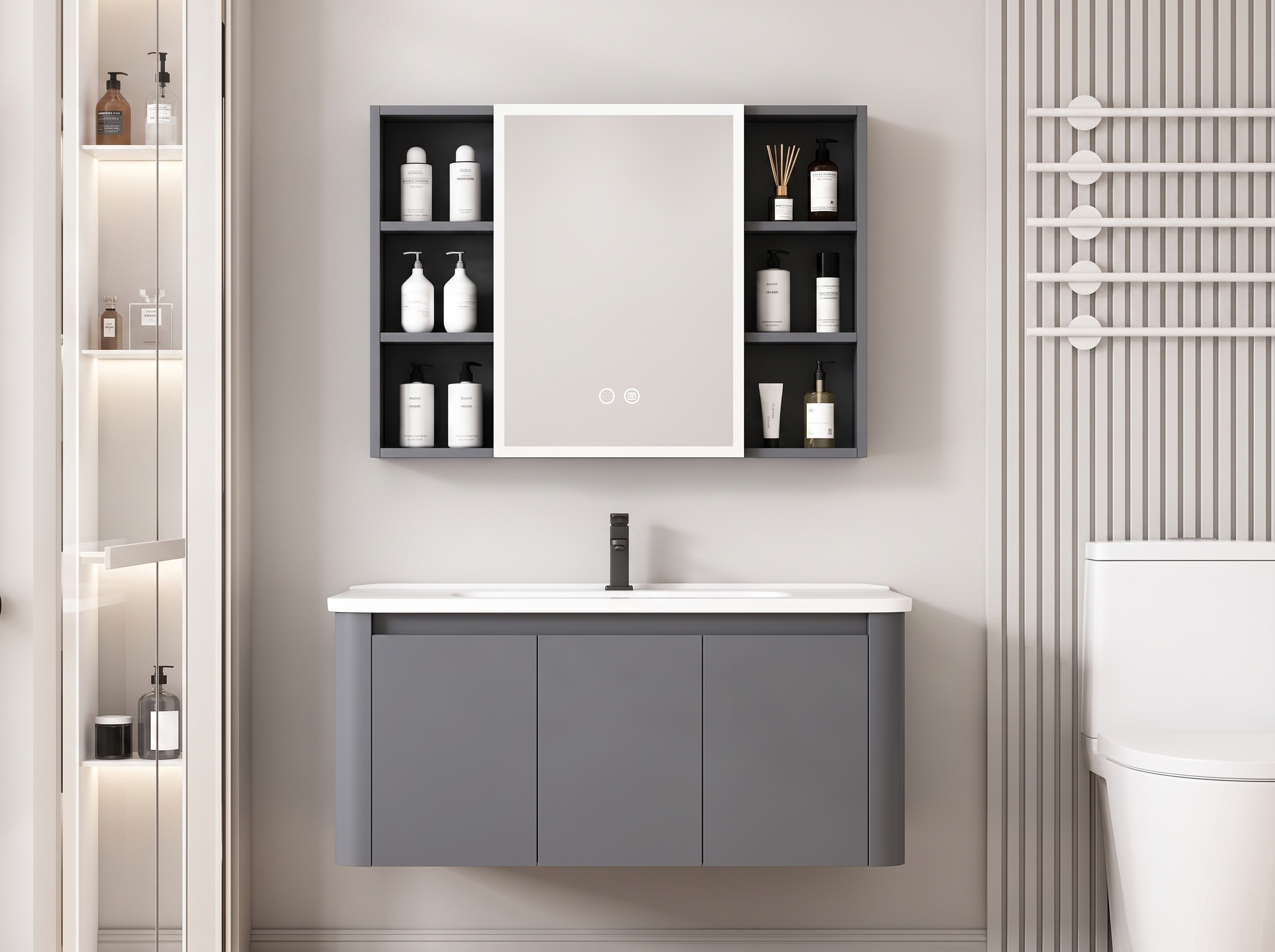 Pack Ensemble Meuble de Salle de Bain Familial Suspendu aux Bords Arrondis avec Grande Armoire de Toilette LED Symétrique - 100 cm (Gris Foncé / Anthracite)