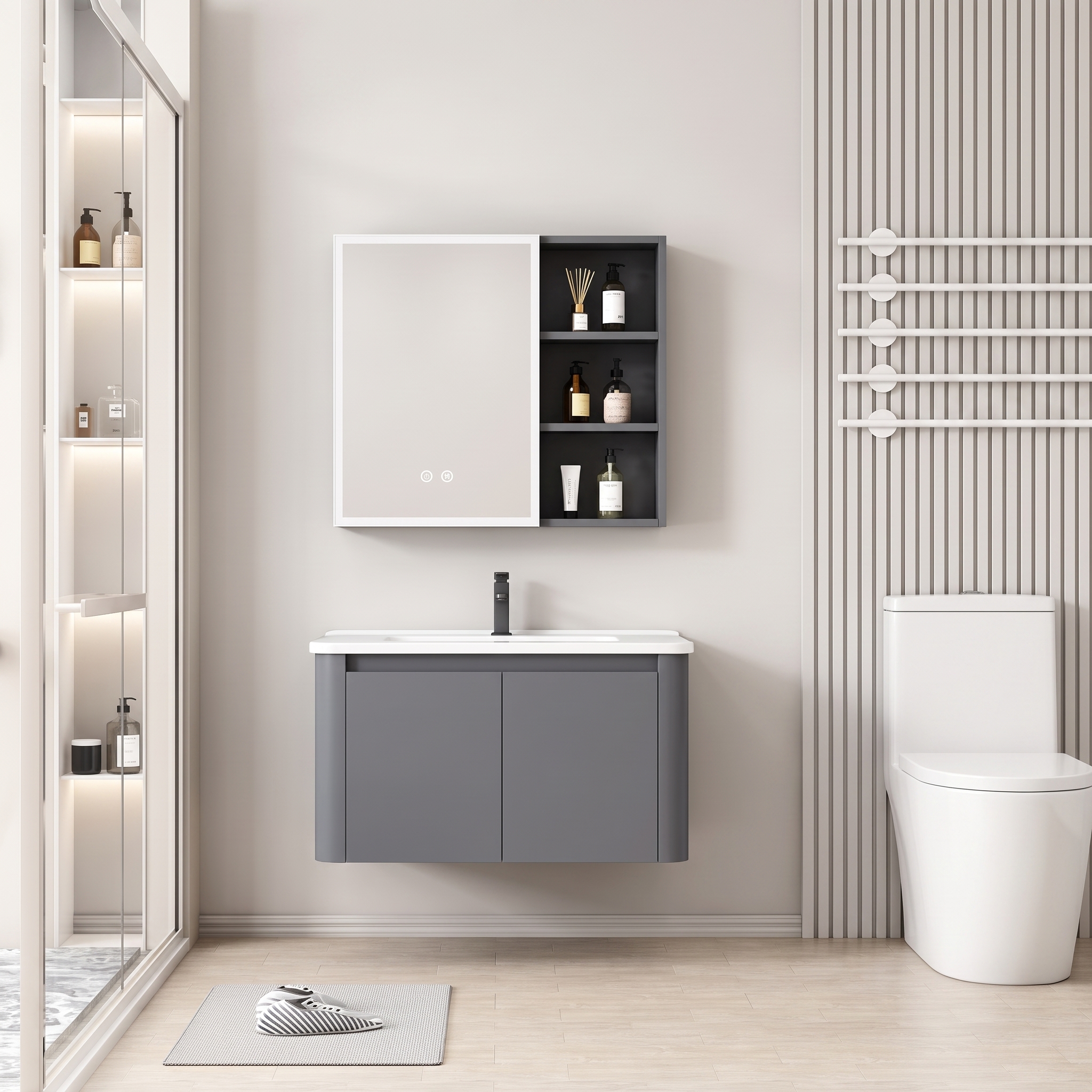Pack Ensemble Meuble de Salle de Bain Minimaliste Suspendu aux Bords Arrondis avec Armoire de Toilette LED - 70 cm (Gris Foncé / Anthracite)