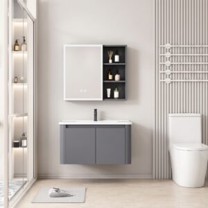 Ensemble Meuble de Salle de Bain Minimaliste Suspendu aux Bords Arrondis avec Armoire de Toilette LED - 60 cm (Gris Foncé / Anthracite)