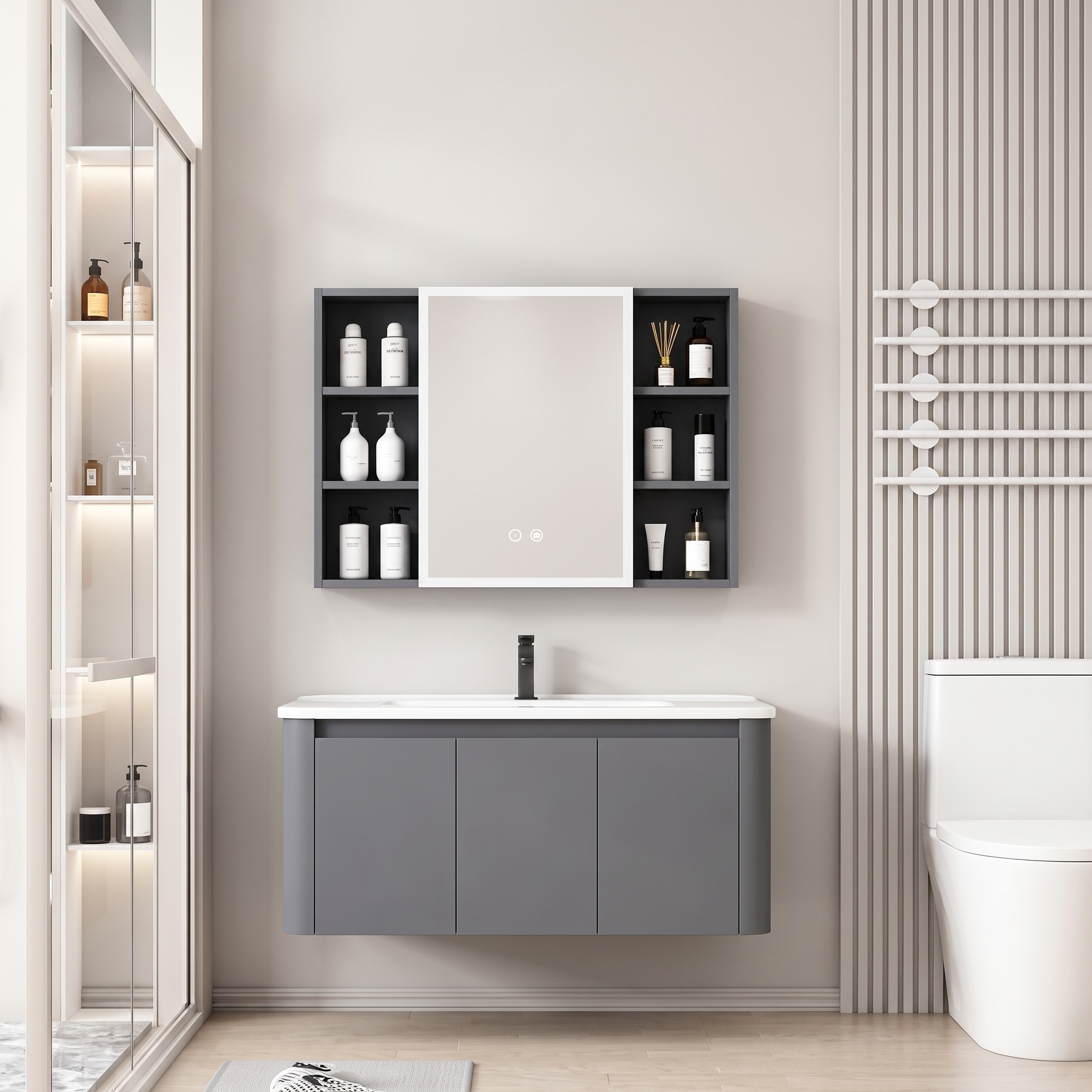 Pack Ensemble Meuble de Salle de Bain Familial Suspendu aux Bords Arrondis avec Grande Armoire de Toilette LED Symétrique - 90 cm (Gris Foncé / Anthracite)