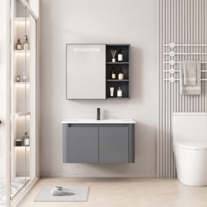 Ensemble Meuble de Salle de Bain Minimaliste Suspendu aux Bords Arrondis avec Armoire de Toilette à Bandeau LED - 70 cm (Gris Foncé / Anthracite)