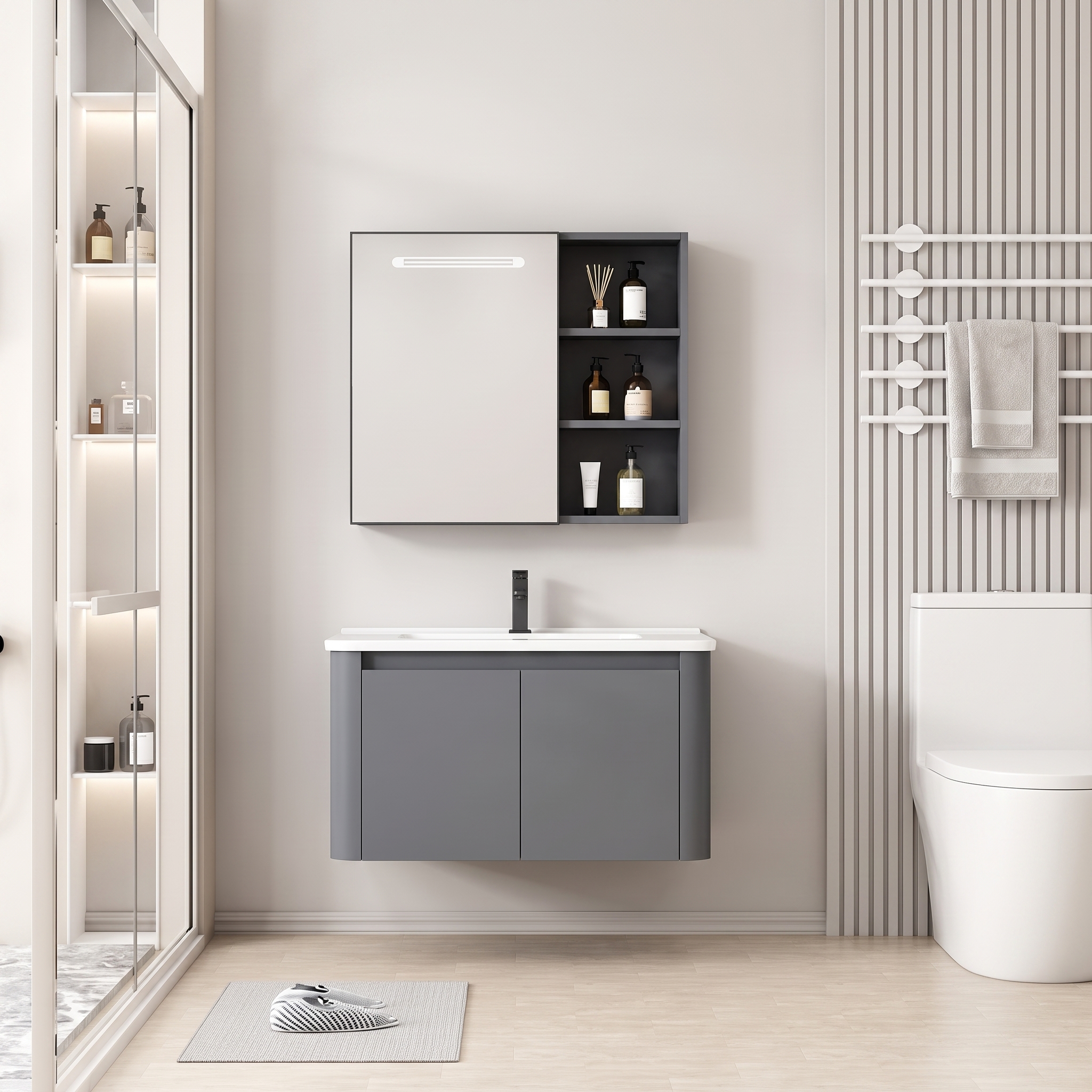 Pack Ensemble Meuble de Salle de Bain Minimaliste Suspendu aux Bords Arrondis avec Armoire de Toilette à Bandeau LED - 70 cm (Gris Foncé / Anthracite)