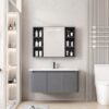 Pack Ensemble Meuble de Salle de Bain Familial Suspendu aux Bords Arrondis avec Grande Armoire de Toilette à Bandeau LED - 90 cm (Gris Foncé / Anthracite)