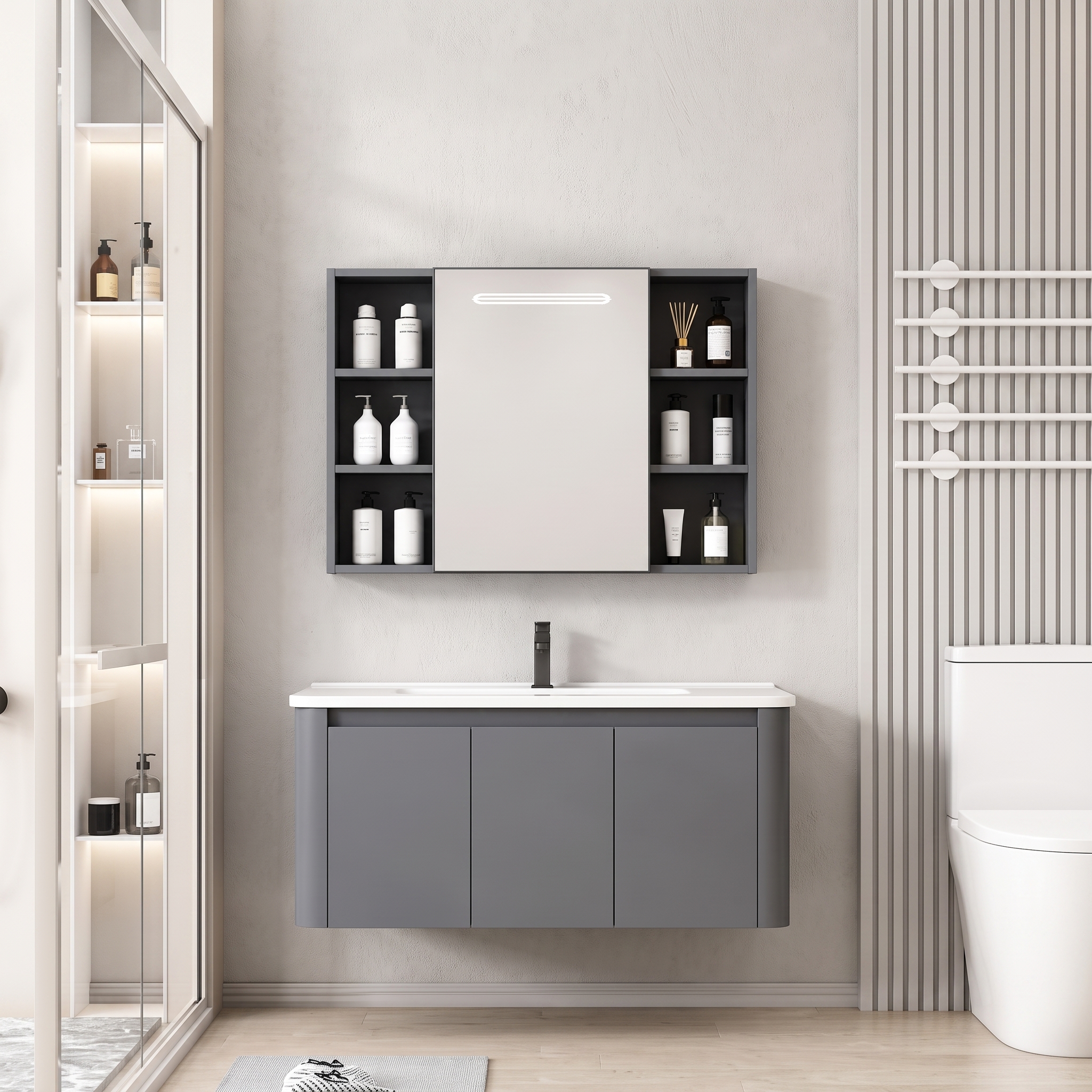Pack Ensemble Meuble de Salle de Bain Familial Suspendu aux Bords Arrondis avec Grande Armoire de Toilette à Bandeau LED - 90 cm (Gris Foncé / Anthracite)