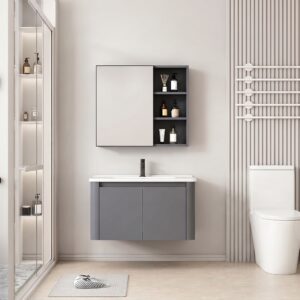 Ensemble Meuble de Salle de Bain Minimaliste Suspendu aux Bords Arrondis avec Armoire de Toilette - 70 cm (Gris Foncé / Anthracite)
