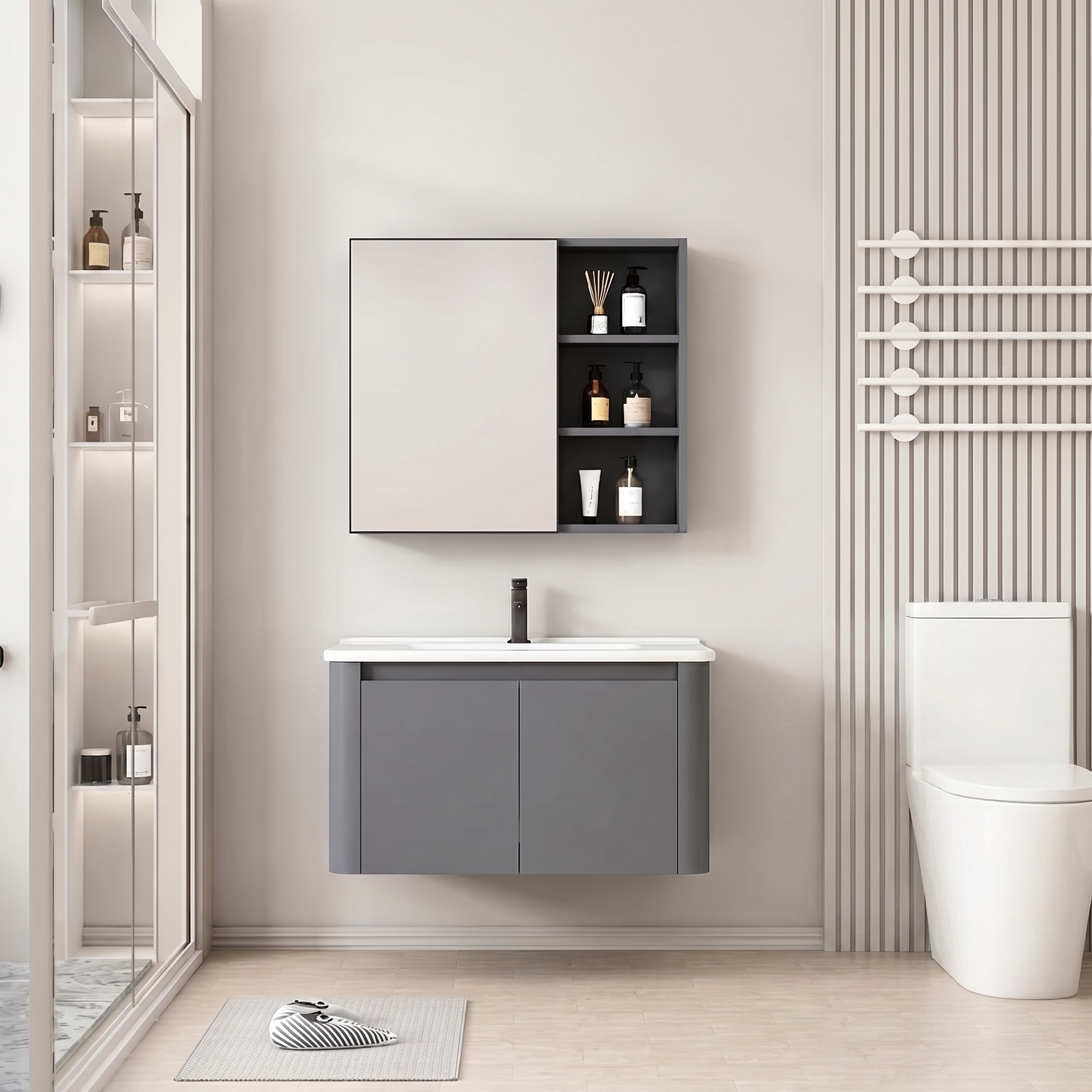 Pack Ensemble Meuble de Salle de Bain Minimaliste Suspendu aux Bords Arrondis avec Armoire de Toilette - 80 cm (Gris Foncé / Anthracite)
