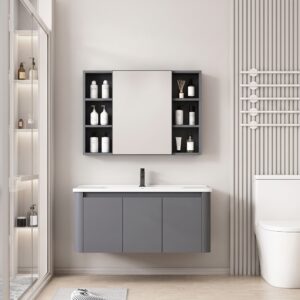 Ensemble Meuble de Salle de Bain Familial Suspendu aux Bords Arrondis avec Grande Armoire de Toilette Symétrique - 90 cm (Gris Foncé / Anthracite)