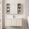 Pack Ensemble Meuble de Salle de Bain Familial Suspendu aux Bords Arrondis avec Grande Armoire de Toilette LED Symétrique - 100 cm (Beige)