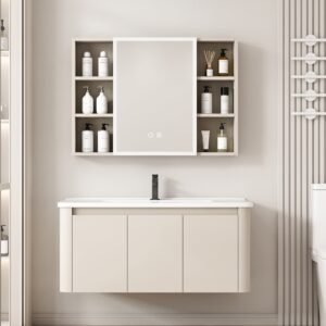 Ensemble Meuble de Salle de Bain Familial Suspendu aux Bords Arrondis avec Grande Armoire de Toilette LED Symétrique - 100 cm (Beige)