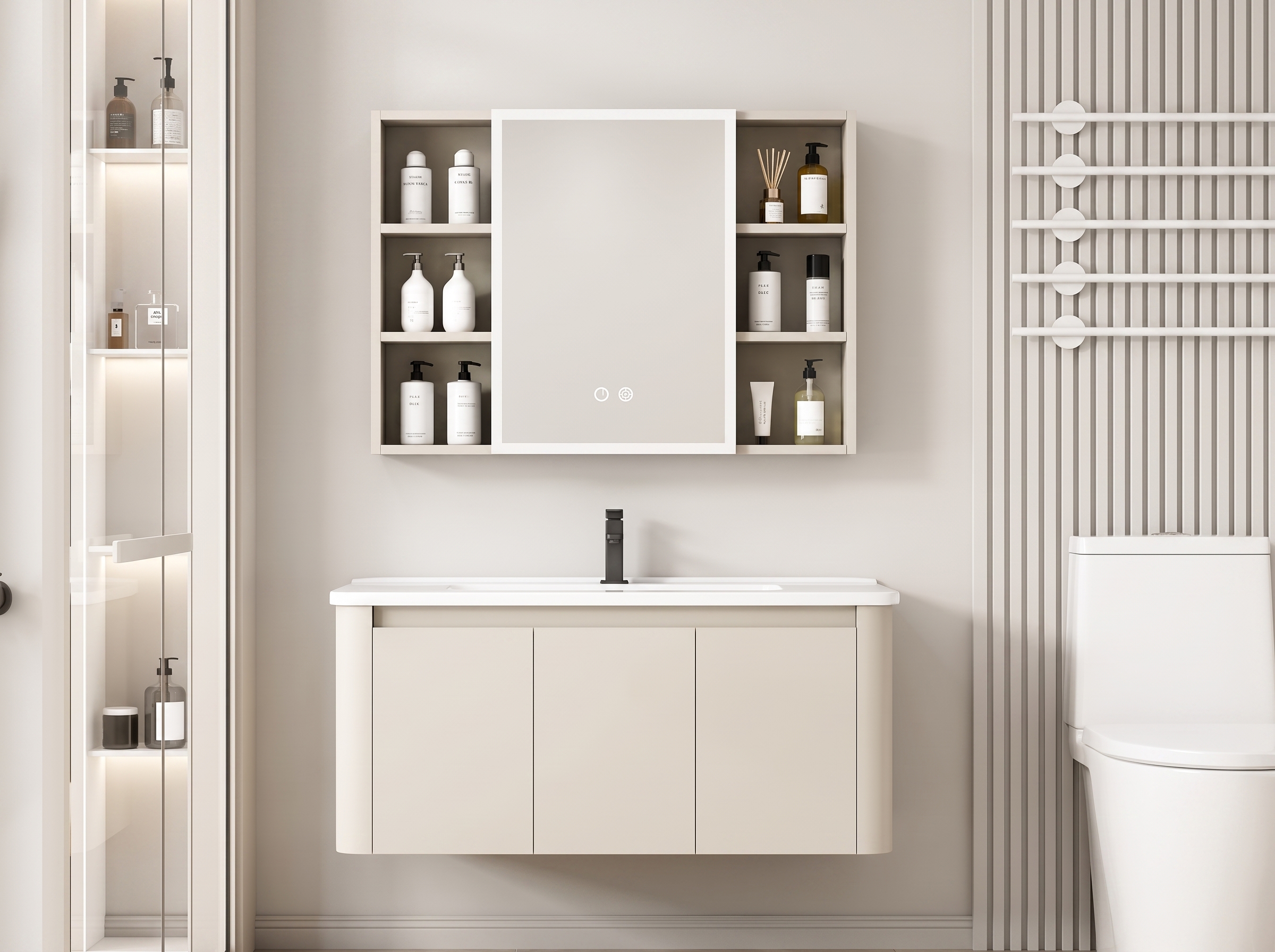 Pack Ensemble Meuble de Salle de Bain Familial Suspendu aux Bords Arrondis avec Grande Armoire de Toilette LED Symétrique - 100 cm (Beige)