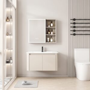 Ensemble Meuble de Salle de Bain Minimaliste Suspendu aux Bords Arrondis avec Armoire de Toilette LED - 80 cm (Beige)