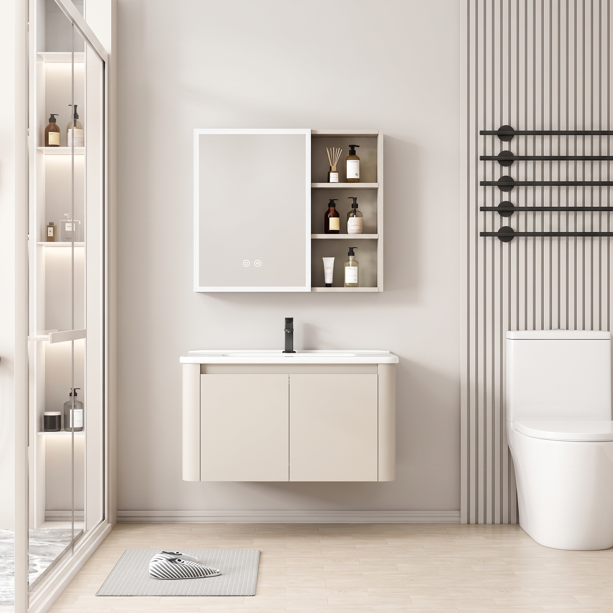 Pack Ensemble Meuble de Salle de Bain Minimaliste Suspendu aux Bords Arrondis avec Armoire de Toilette LED - 80 cm (Beige)