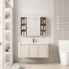 Pack Ensemble Meuble de Salle de Bain Familial Suspendu aux Bords Arrondis avec Grande Armoire de Toilette LED Symétrique - 90 cm (Beige)