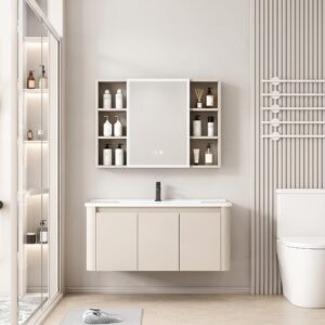 Ensemble Meuble de Salle de Bain Familial Suspendu aux Bords Arrondis avec Grande Armoire de Toilette LED Symétrique - 90 cm (Beige)