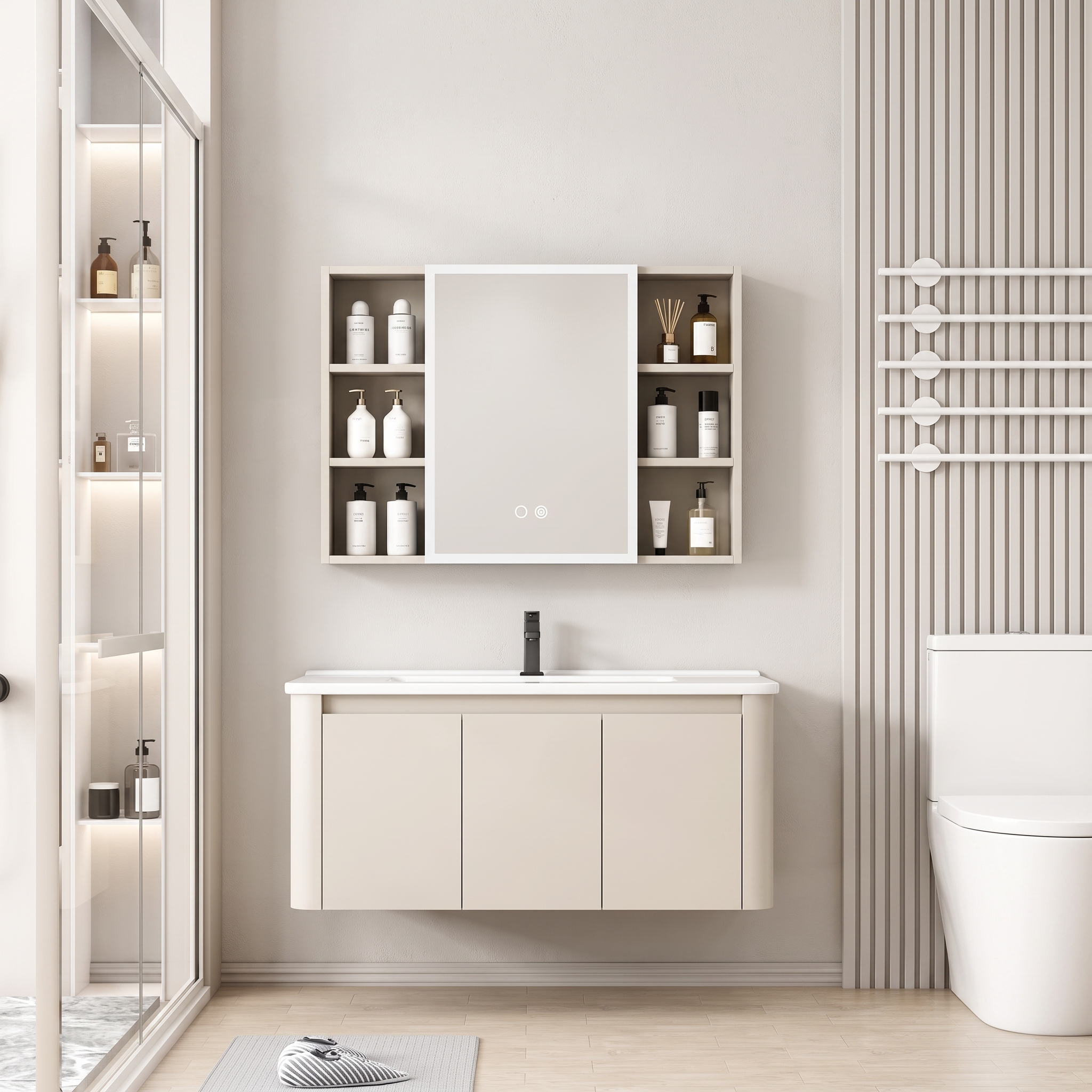 Pack Ensemble Meuble de Salle de Bain Familial Suspendu aux Bords Arrondis avec Grande Armoire de Toilette LED Symétrique - 90 cm (Beige)
