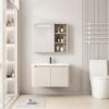 Pack Ensemble Meuble de Salle de Bain Minimaliste Suspendu aux Bords Arrondis avec Armoire de Toilette à Bandeau LED - 60 cm (Beige)