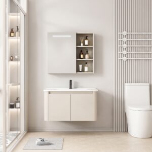 Ensemble Meuble de Salle de Bain Minimaliste Suspendu aux Bords Arrondis avec Armoire de Toilette à Bandeau LED - 80 cm (Beige)