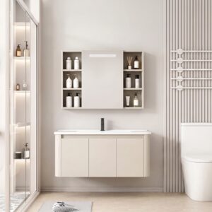 Ensemble Meuble de Salle de Bain Familial Suspendu aux Bords Arrondis avec Grande Armoire de Toilette à Bandeau LED - 100 cm (Beige)