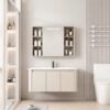 Pack Ensemble Meuble de Salle de Bain Familial Suspendu aux Bords Arrondis avec Grande Armoire de Toilette à Bandeau LED - 90 cm (Beige)