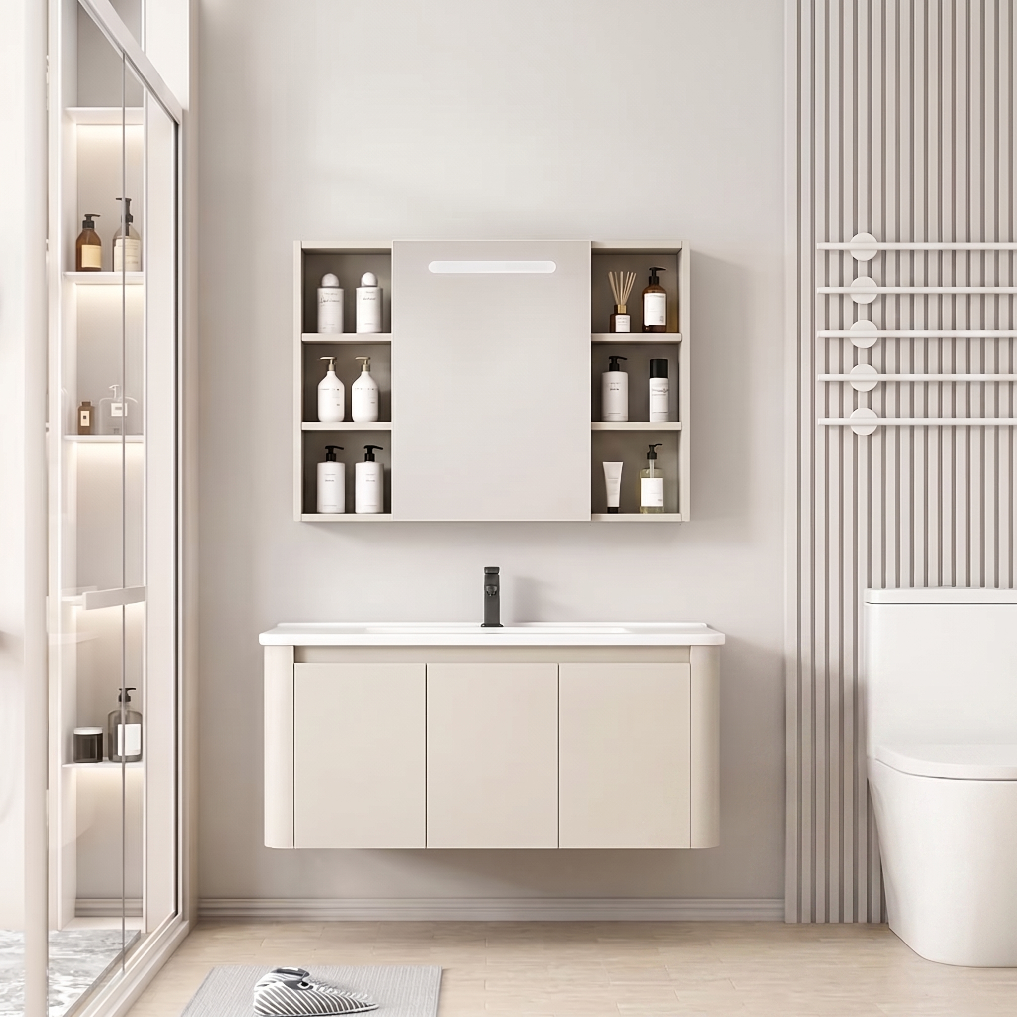 Pack Ensemble Meuble de Salle de Bain Familial Suspendu aux Bords Arrondis avec Grande Armoire de Toilette à Bandeau LED - 90 cm (Beige)
