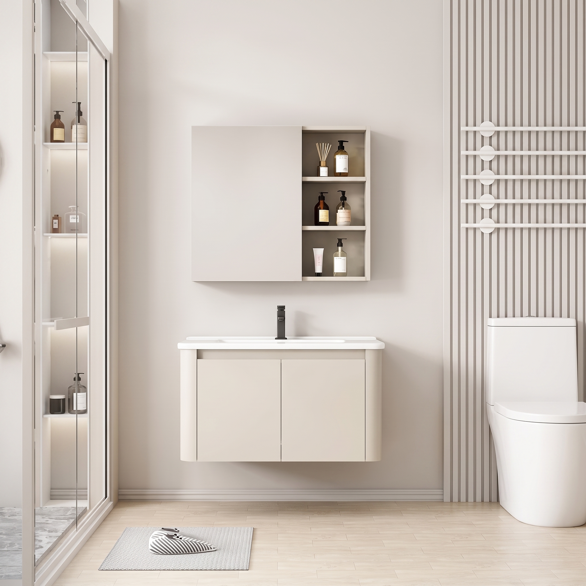 Pack Ensemble Meuble de Salle de Bain Minimaliste Suspendu aux Bords Arrondis avec Armoire de Toilette - 80 cm (Beige)