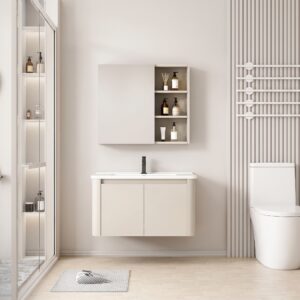 Ensemble Meuble de Salle de Bain Minimaliste Suspendu aux Bords Arrondis avec Armoire de Toilette - 60 cm (Beige)
