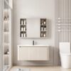 Pack Ensemble Meuble de Salle de Bain Familial Suspendu aux Bords Arrondis avec Grande Armoire de Toilette Symétrique - 100 cm (Beige)
