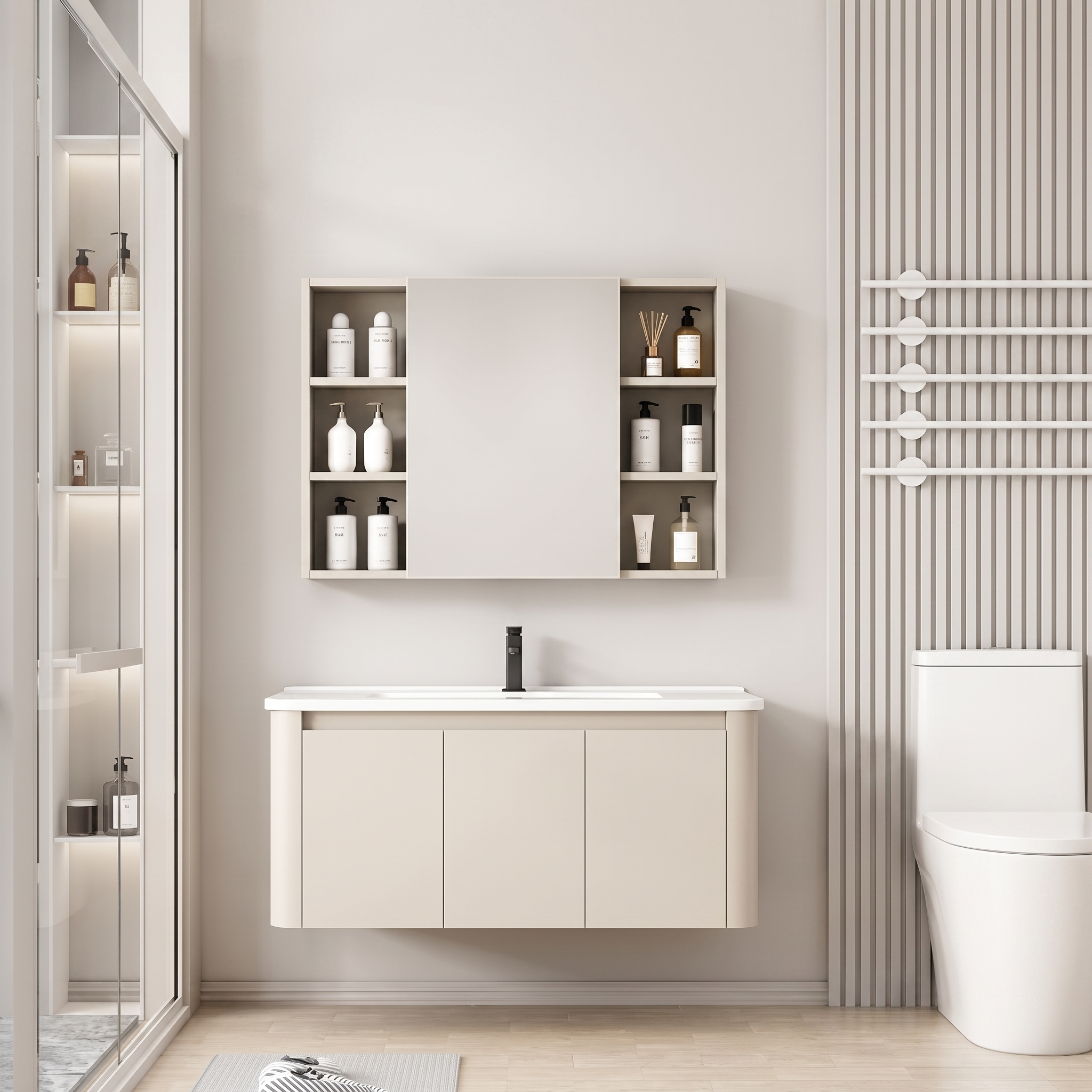 Pack Ensemble Meuble de Salle de Bain Familial Suspendu aux Bords Arrondis avec Grande Armoire de Toilette Symétrique - 100 cm (Beige)