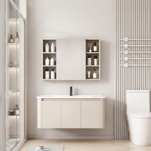Ensemble Meuble de Salle de Bain Familial Suspendu aux Bords Arrondis avec Grande Armoire de Toilette Symétrique - 90 cm (Beige)