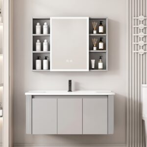 Ensemble Meuble de Salle de Bain Familial Suspendu aux Bords Arrondis avec Grande Armoire de Toilette LED Symétrique - 100 cm (Gris Clair)