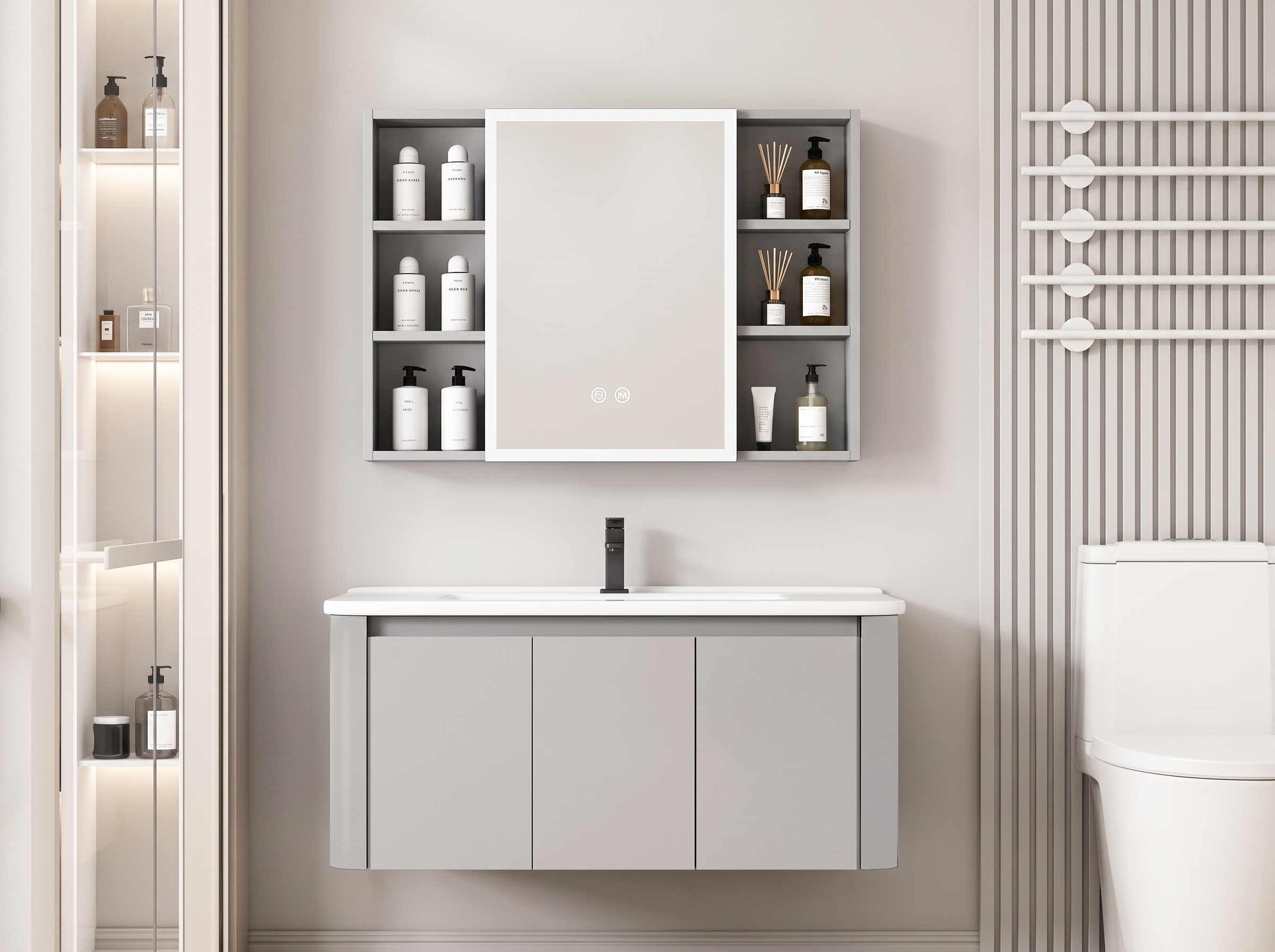 Pack Ensemble Meuble de Salle de Bain Familial Suspendu aux Bords Arrondis avec Grande Armoire de Toilette LED Symétrique - 100 cm (Gris Clair)