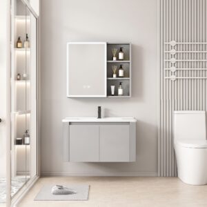 Ensemble Meuble de Salle de Bain Minimaliste Suspendu aux Bords Arrondis avec Armoire de Toilette LED - 80 cm (Gris Clair)