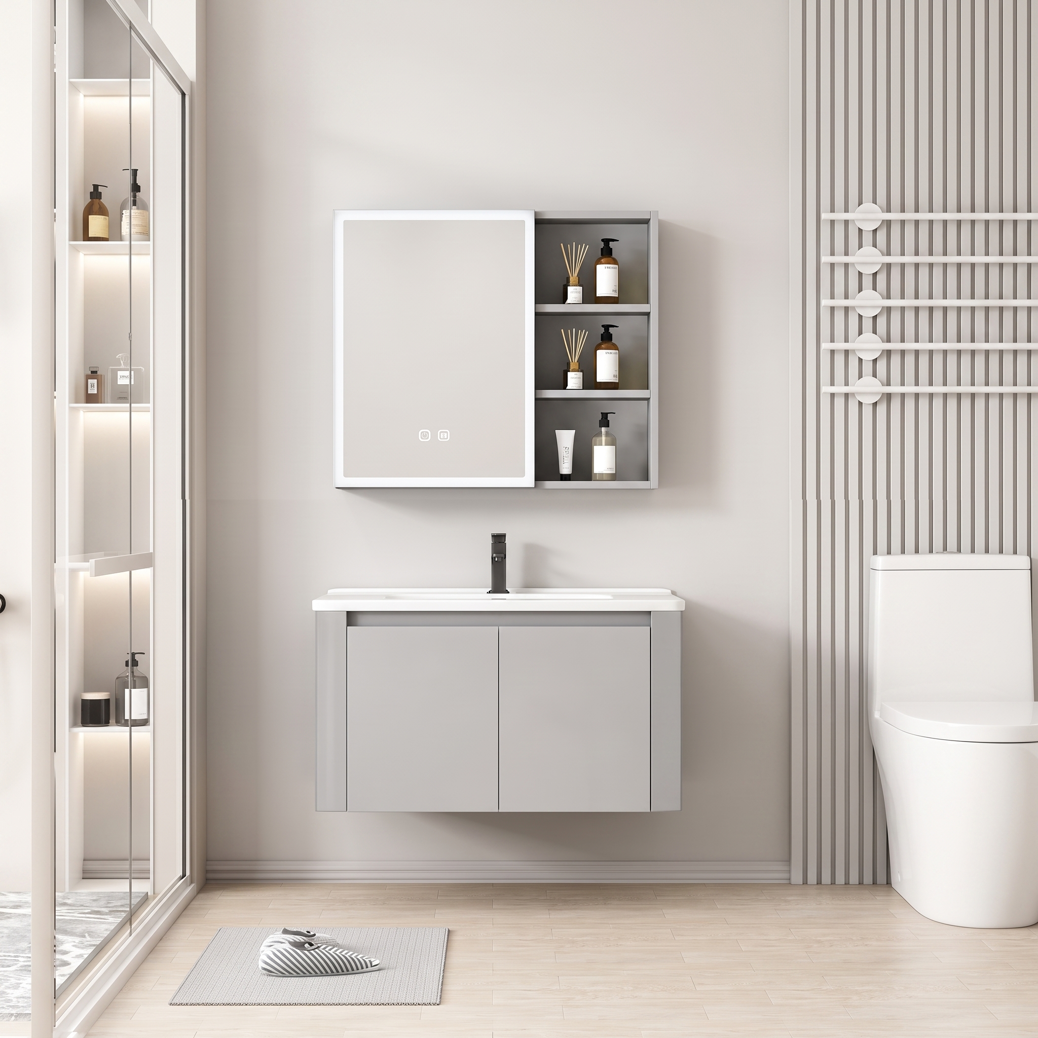 Pack Ensemble Meuble de Salle de Bain Minimaliste Suspendu aux Bords Arrondis avec Armoire de Toilette LED - 60 cm (Gris Clair)