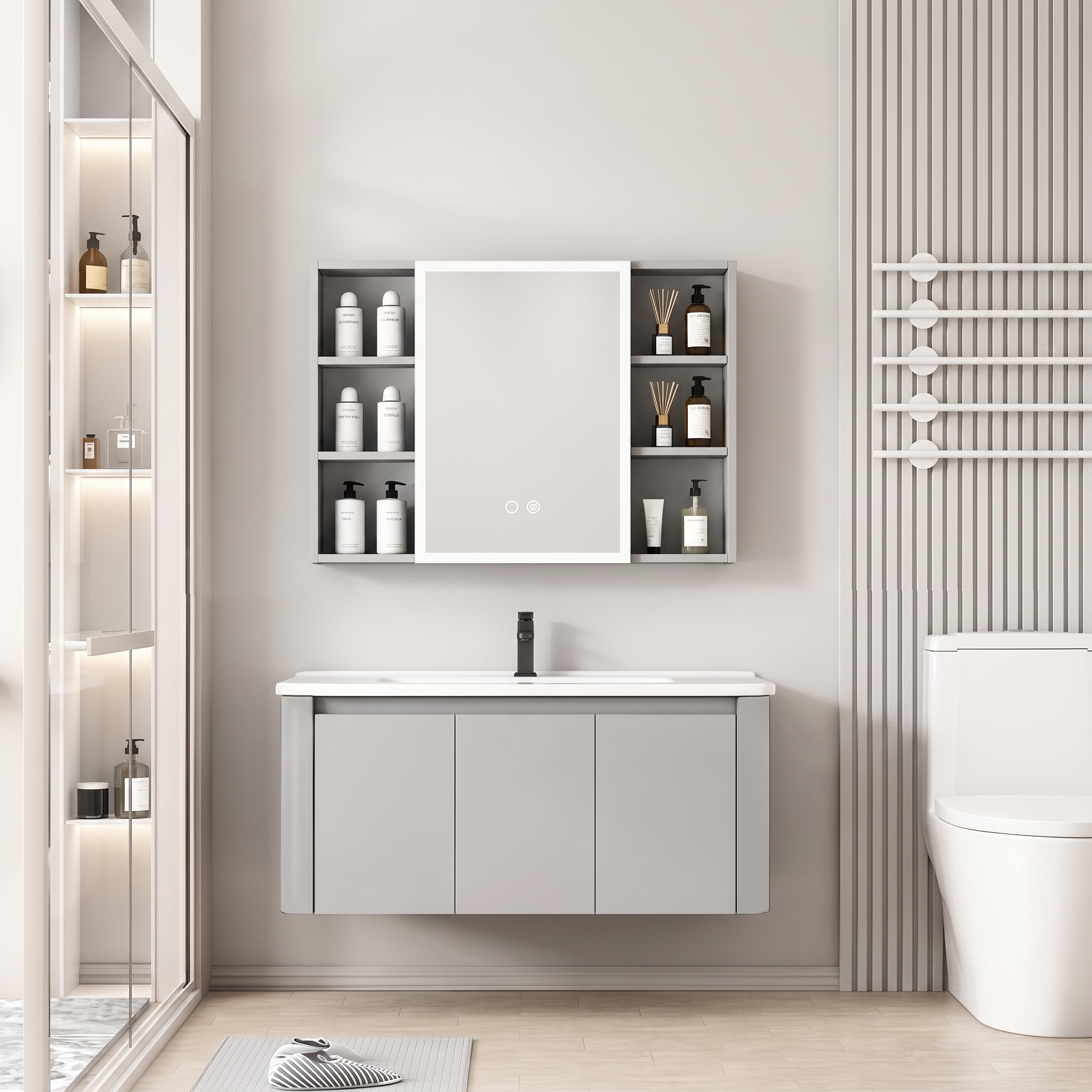 Pack Ensemble Meuble de Salle de Bain Familial Suspendu aux Bords Arrondis avec Grande Armoire de Toilette LED Symétrique - 100 cm (Gris Clair)