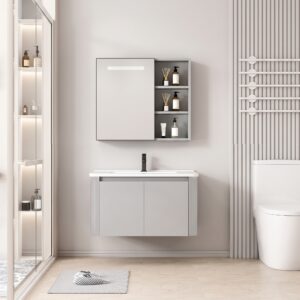 Ensemble Meuble de Salle de Bain Minimaliste Suspendu aux Bords Arrondis avec Armoire de Toilette à Bandeau LED - 80 cm (Gris Clair)