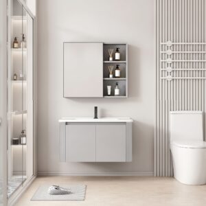 Ensemble Meuble de Salle de Bain Suspendu aux Bords Arrondis avec Armoire de Toilette - 60 cm (Gris Clair)