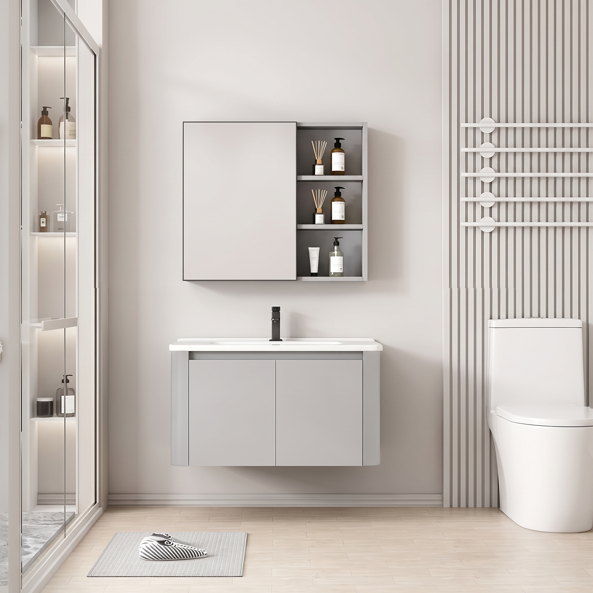 Pack Ensemble Meuble de Salle de Bain Suspendu aux Bords Arrondis avec Armoire de Toilette - 60 cm (Gris Clair)