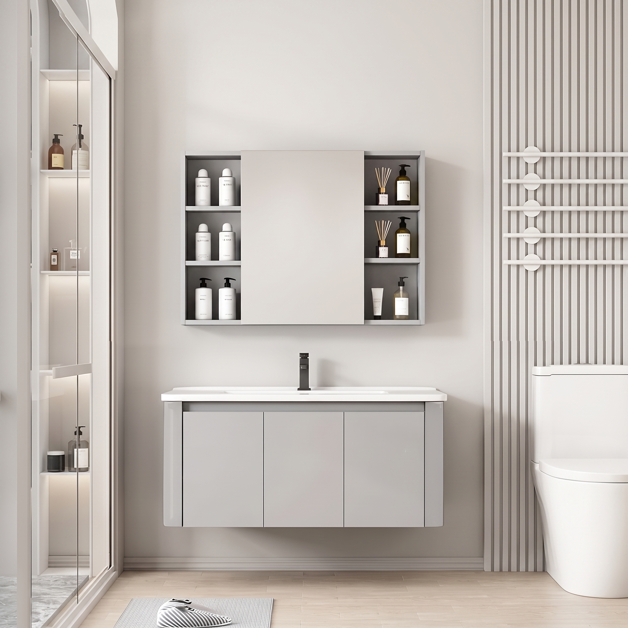 Pack Ensemble Meuble de Salle de Bain Familial Suspendu aux Bords Arrondis avec Grande Armoire de Toilette Symétrique - 90 cm (Gris Clair)