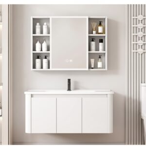 Ensemble Meuble de Salle de Bain Familial Suspendu aux Bords Arrondis avec Grande Armoire de Toilette LED Symétrique - 100 cm (Blanc)