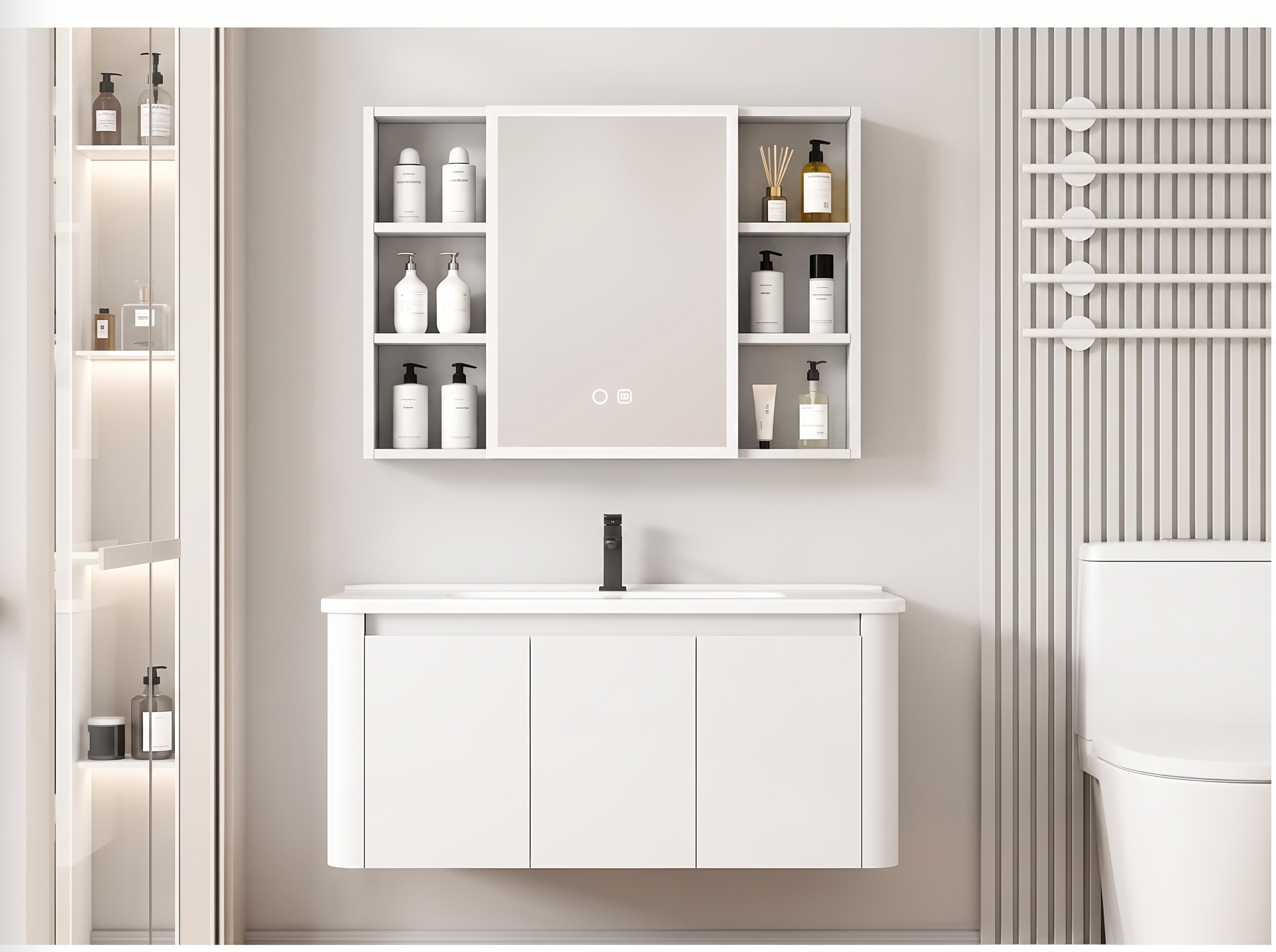 Pack Ensemble Meuble de Salle de Bain Familial Suspendu aux Bords Arrondis avec Grande Armoire de Toilette LED Symétrique - 100 cm (Blanc)