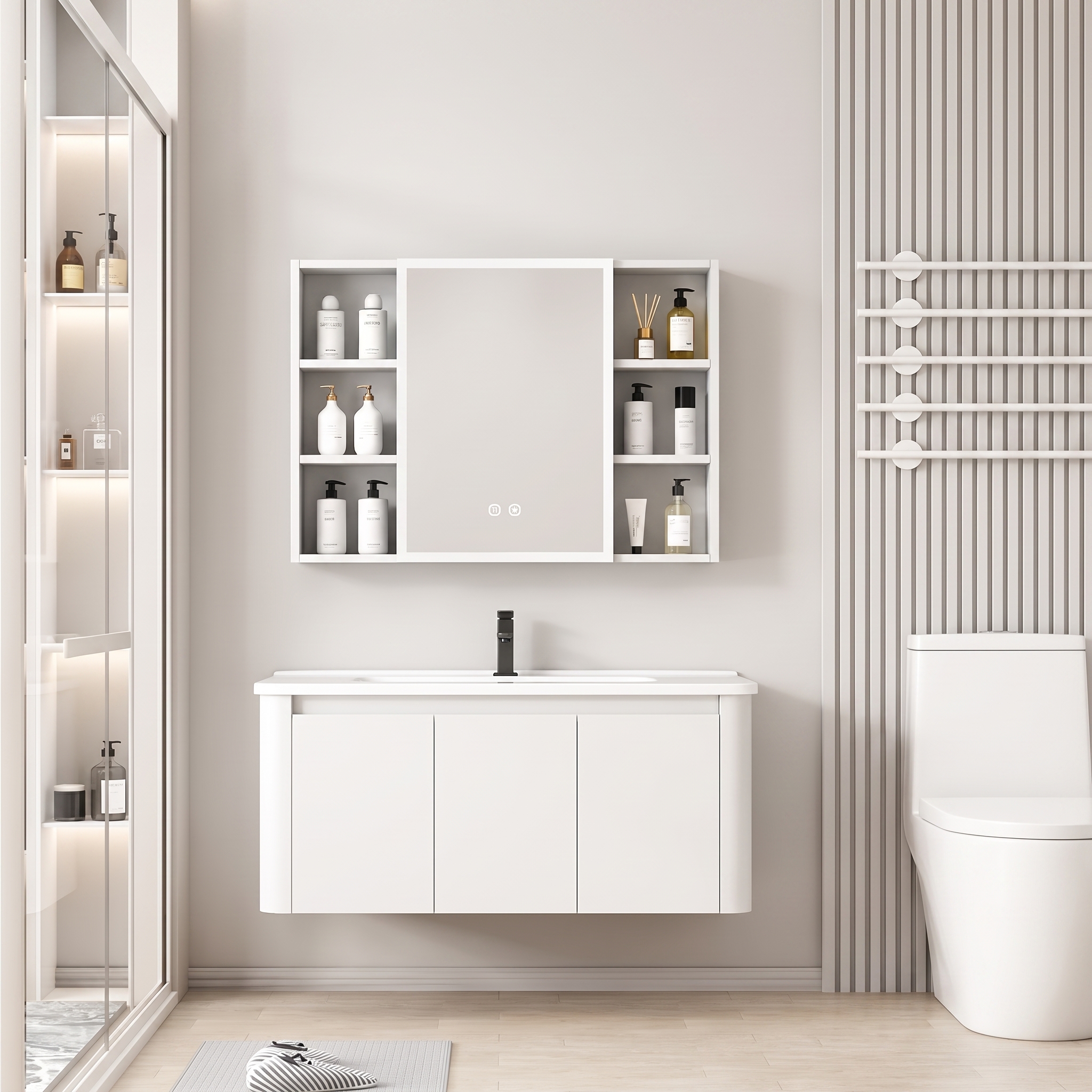 Pack Ensemble Meuble de Salle de Bain Familial Suspendu aux Bords Arrondis avec Grande Armoire de Toilette LED Symétrique - 100 cm (Blanc)