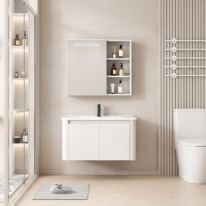 Ensemble Meuble de Salle de Bain Minimaliste Suspendu aux Bords Arrondis avec Armoire de Toilette à Bandeau LED - 70 cm (Blanc)