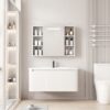 Pack Ensemble Meuble de Salle de Bain Familial Suspendu aux Bords Arrondis avec Grande Armoire de Toilette à Bandeau LED Symétrique - 90 cm (Blanc)