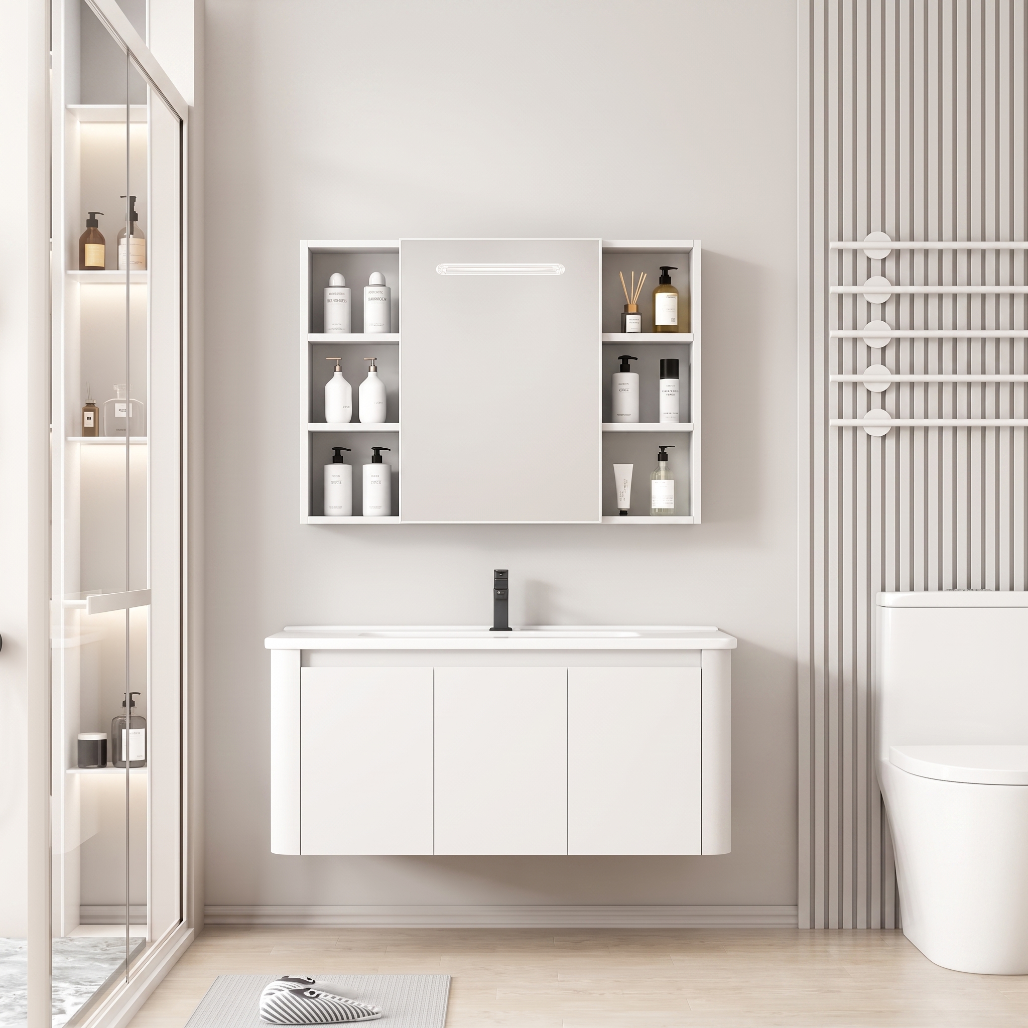 Pack Ensemble Meuble de Salle de Bain Familial Suspendu aux Bords Arrondis avec Grande Armoire de Toilette à Bandeau LED Symétrique - 90 cm (Blanc)