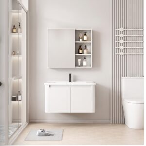 Ensemble Meuble de Salle de Bain Compact Suspendu aux Bords Arrondis avec Armoire de Toilette - 60 cm (Blanc)