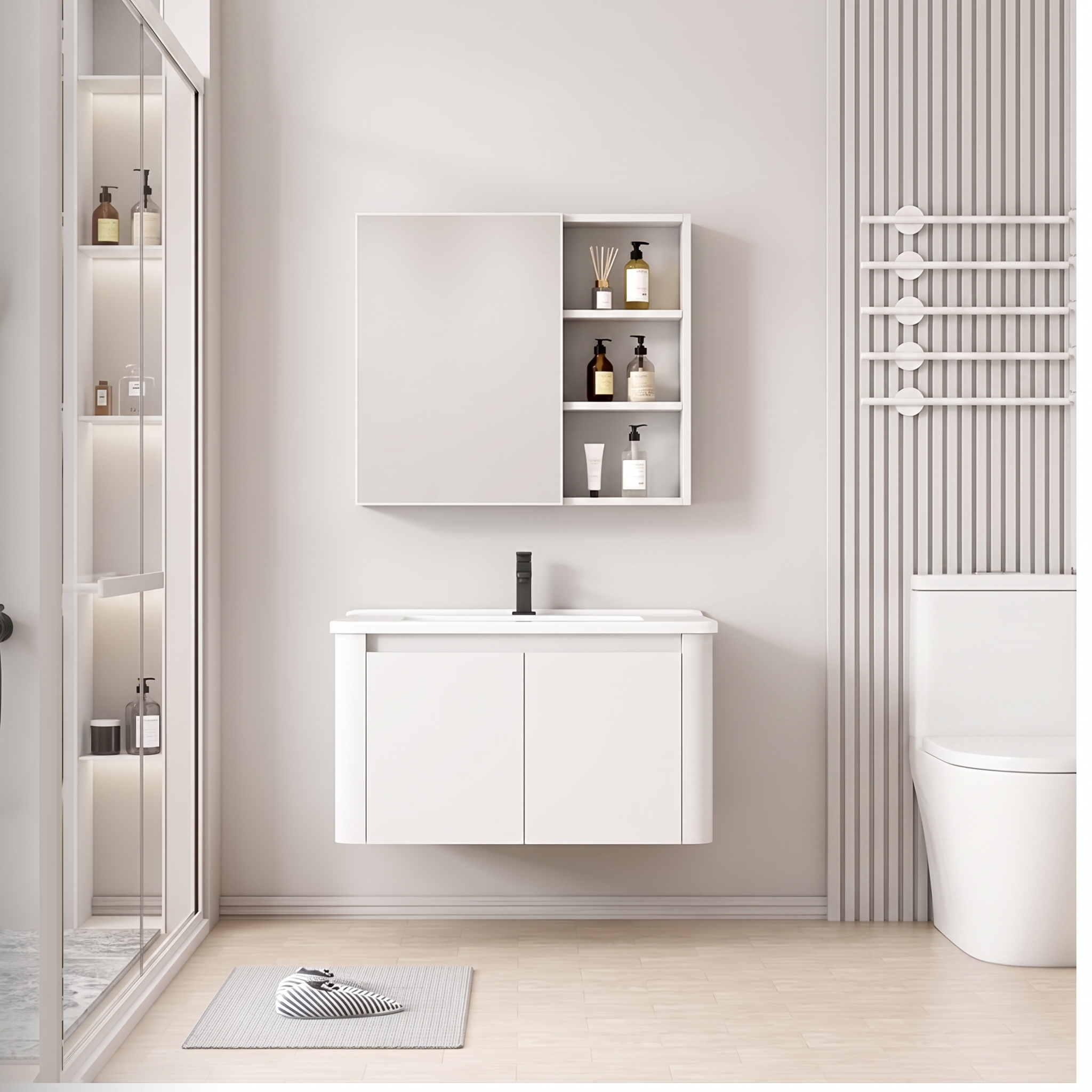 Pack Ensemble Meuble de Salle de Bain Compact Suspendu aux Bords Arrondis avec Armoire de Toilette - 60 cm (Blanc)